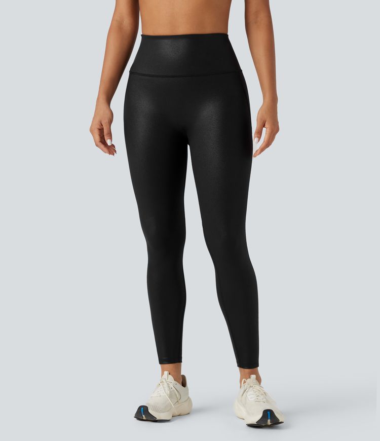 Faux Leather Shine High-waisted Tummy Control Scrunch Training 7/8 Leggings with Pocket