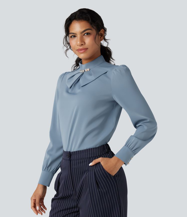 Wrinkle-resistant Bow Neck Puff Long Sleeve Work Shirt