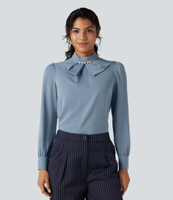 Wrinkle-resistant Bow Neck Puff Long Sleeve Work Shirt