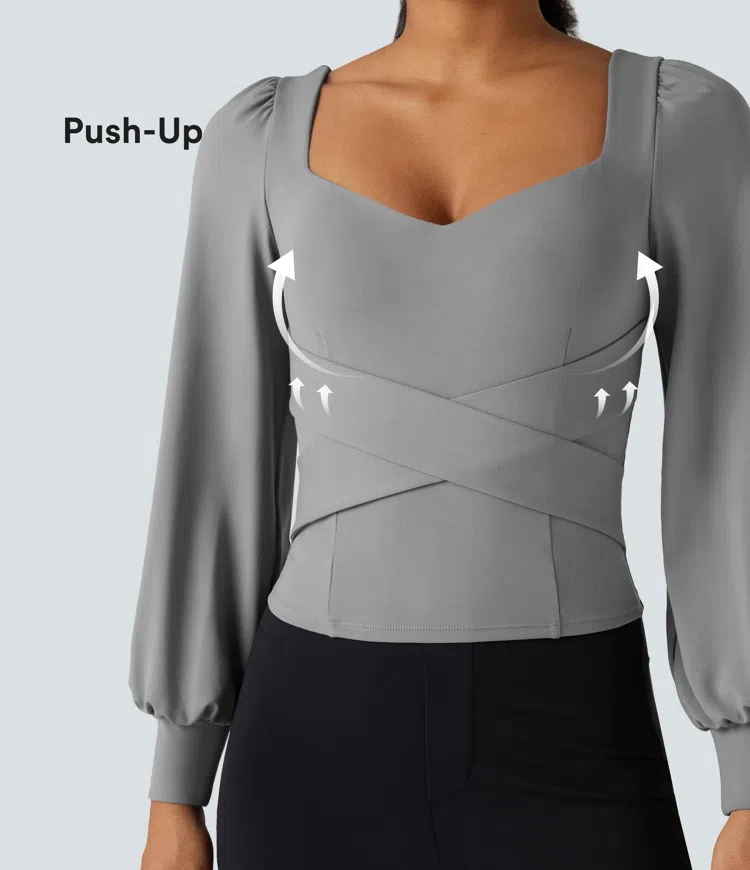 Push-Up Molded Cups Sweetheart Neck Puff Sleeve Crossover Work Top A/B Cup