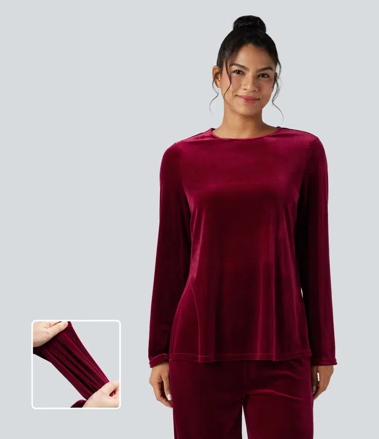 Round Neck Long Sleeve Split Hem Velvet Lounge Top