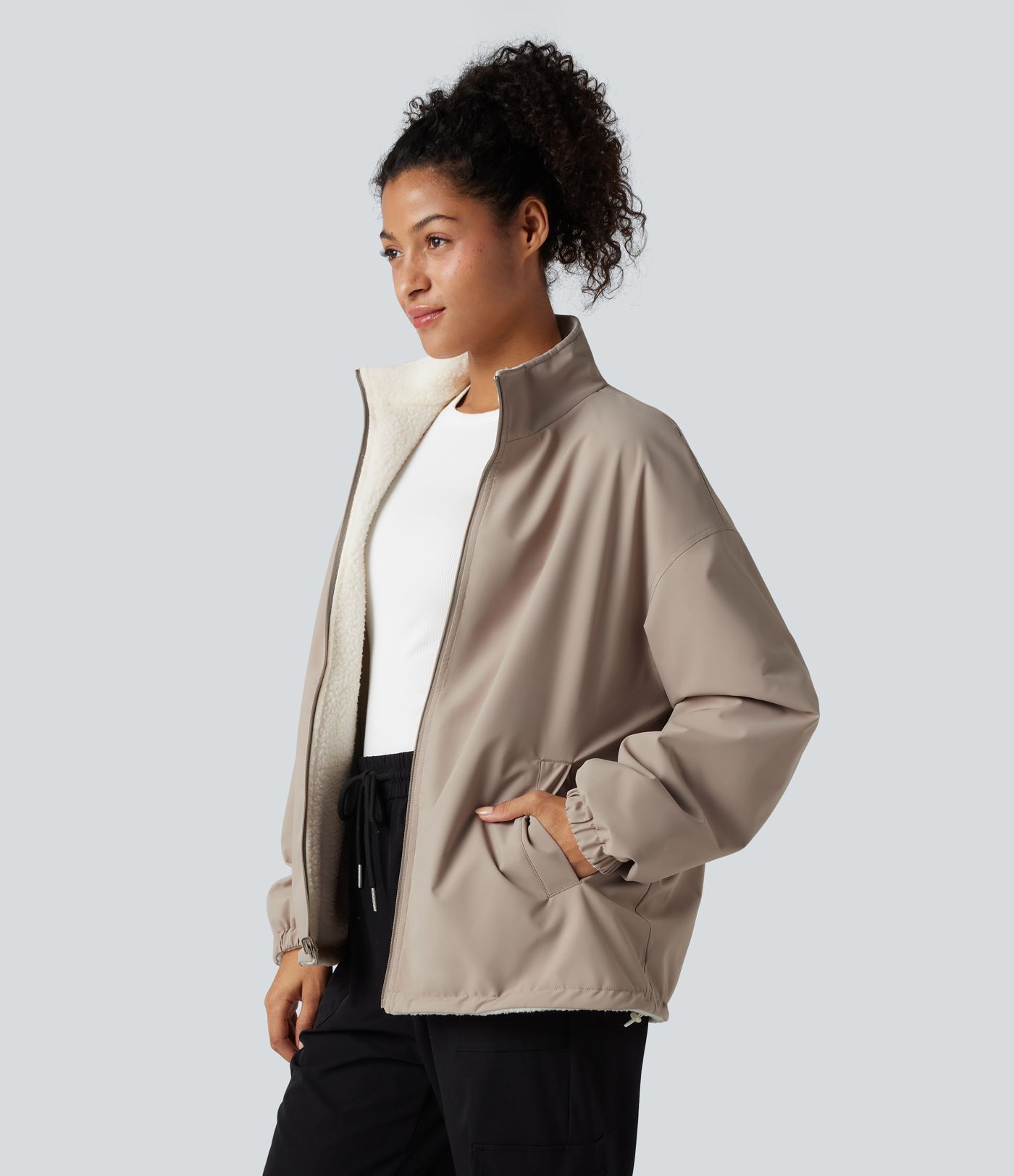 Veste polaire randonnée réversible col montant fermeture éclair manches longues avec poches (Deux looks en un)