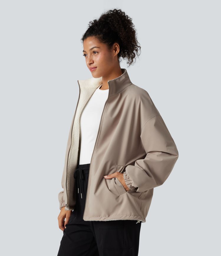 Veste polaire randonnée réversible col montant fermeture éclair manches longues avec poches (Deux looks en un)