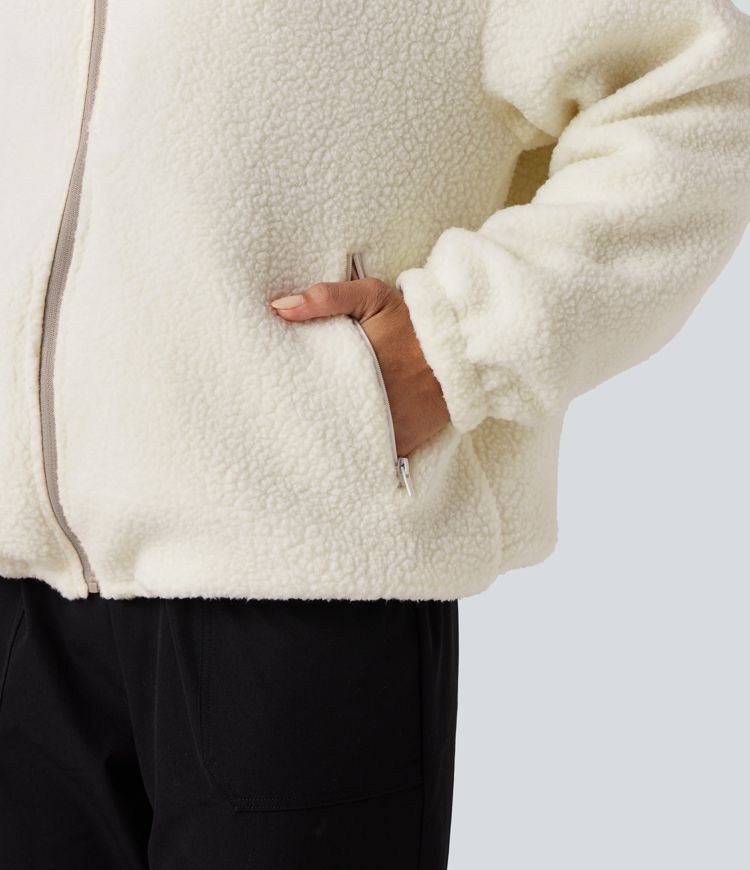 Veste polaire randonnée réversible col montant fermeture éclair manches longues avec poches (Deux looks en un)