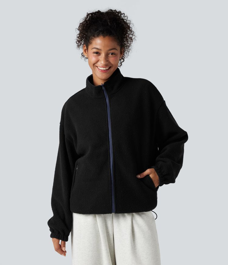 Chaqueta reversible de polar para senderismo con cuello alto, mangas largas, cremallera y bolsillos (dos estilos en uno)