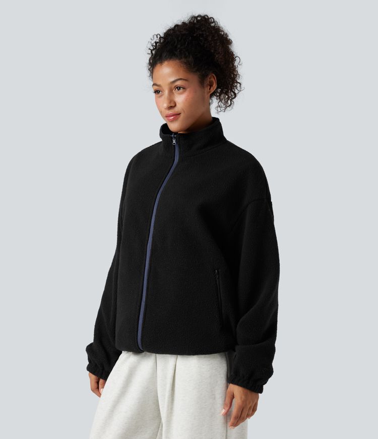 Chaqueta reversible de polar para senderismo con cuello alto, mangas largas, cremallera y bolsillos (dos estilos en uno)