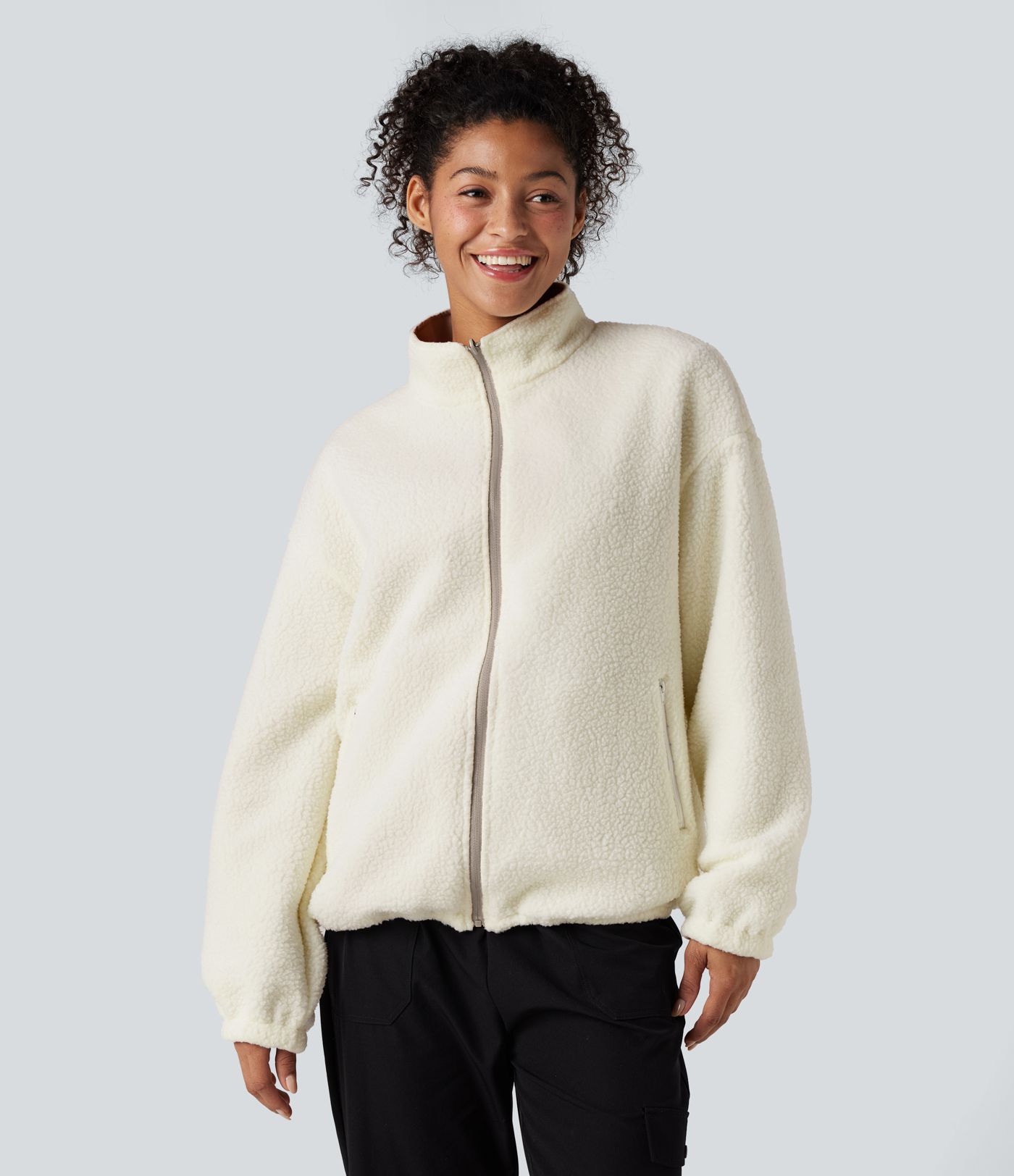 Veste polaire randonnée réversible col montant fermeture éclair manches longues avec poches (Deux looks en un)