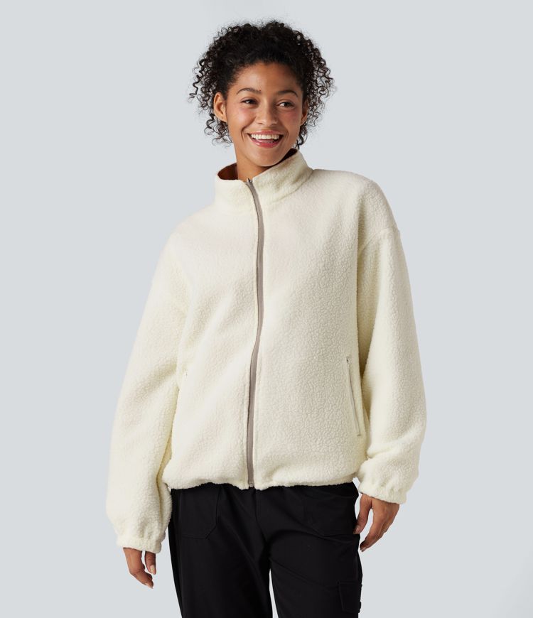 Veste polaire randonnée réversible col montant fermeture éclair manches longues avec poches (Deux looks en un)