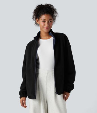 Chaqueta reversible de polar para senderismo con cuello alto, mangas largas, cremallera y bolsillos (dos estilos en uno)