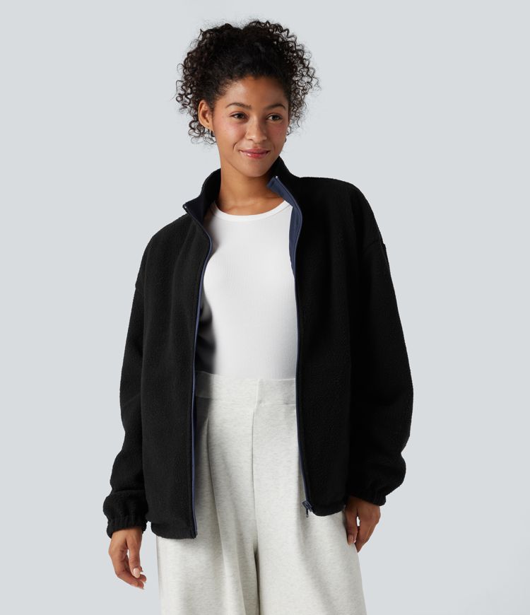 Chaqueta reversible de polar para senderismo con cuello alto, mangas largas, cremallera y bolsillos (dos estilos en uno)