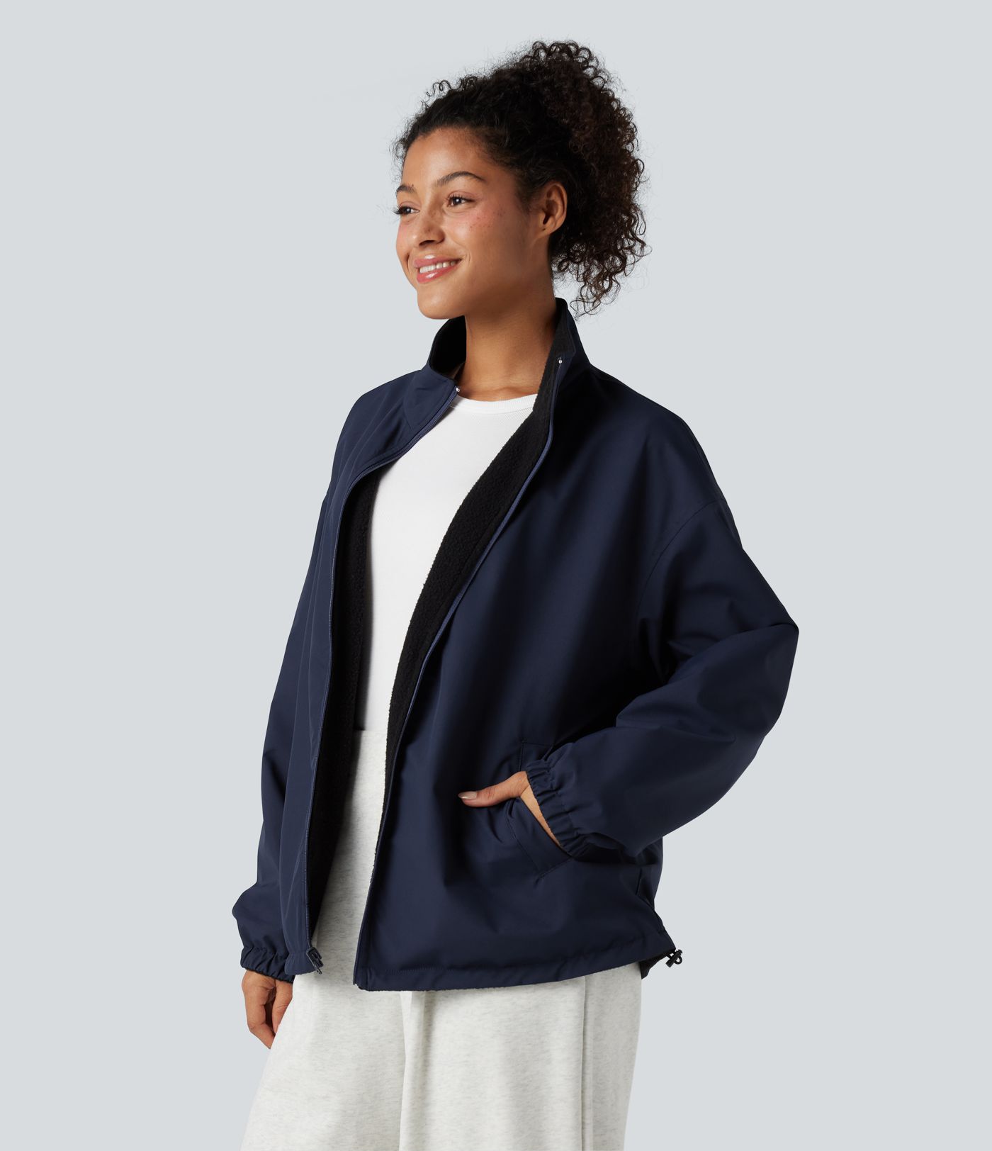 Chaqueta reversible de polar para senderismo con cuello alto, mangas largas, cremallera y bolsillos (dos estilos en uno)