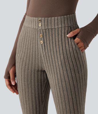 Ribbed Knit Mid Rise Button Split Hem Casual Flare Pants with Pockets