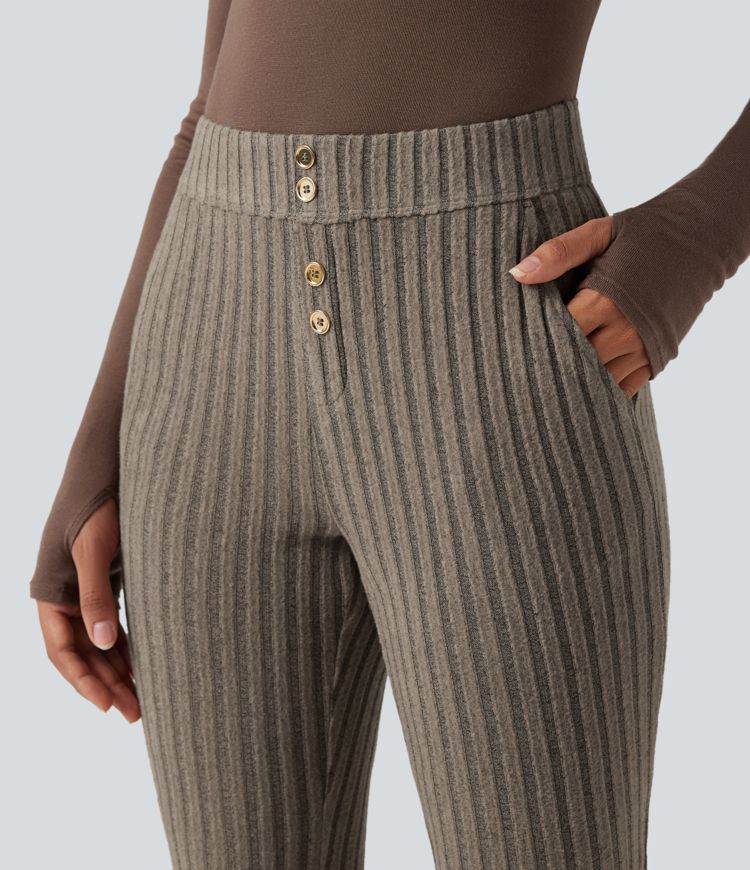 Ribbed Knit Mid Rise Button Split Hem Casual Flare Pants with Pockets