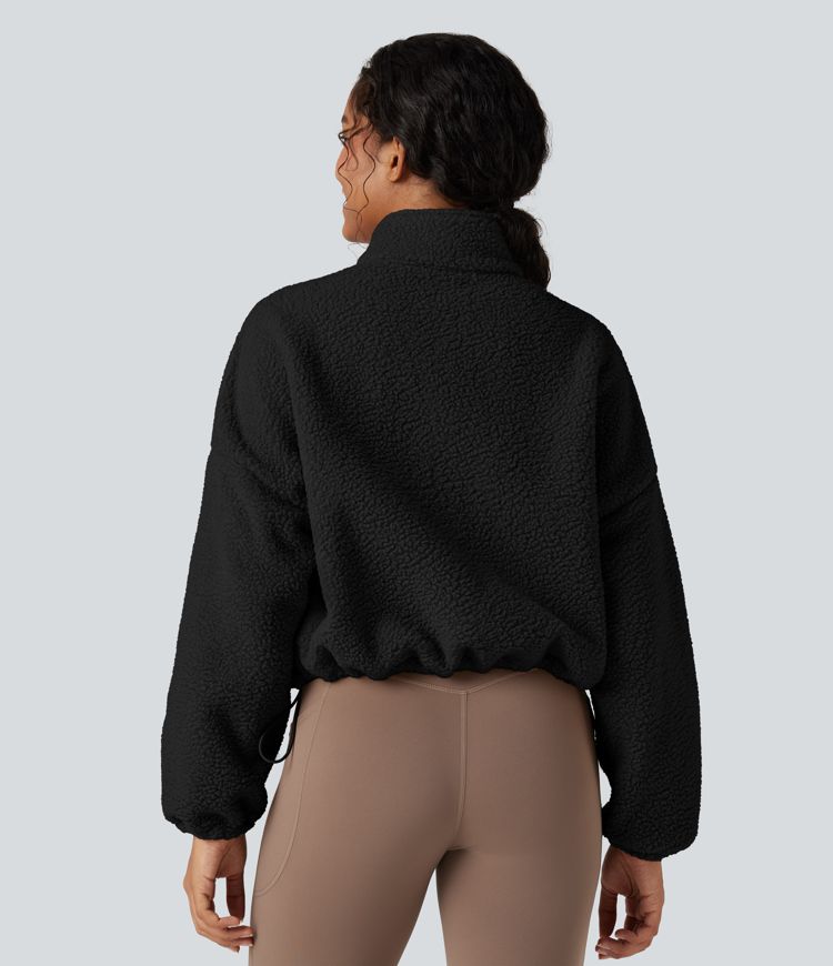 High Neck Long Sleeve Zipper Fleece Workout Jacket with Pockets