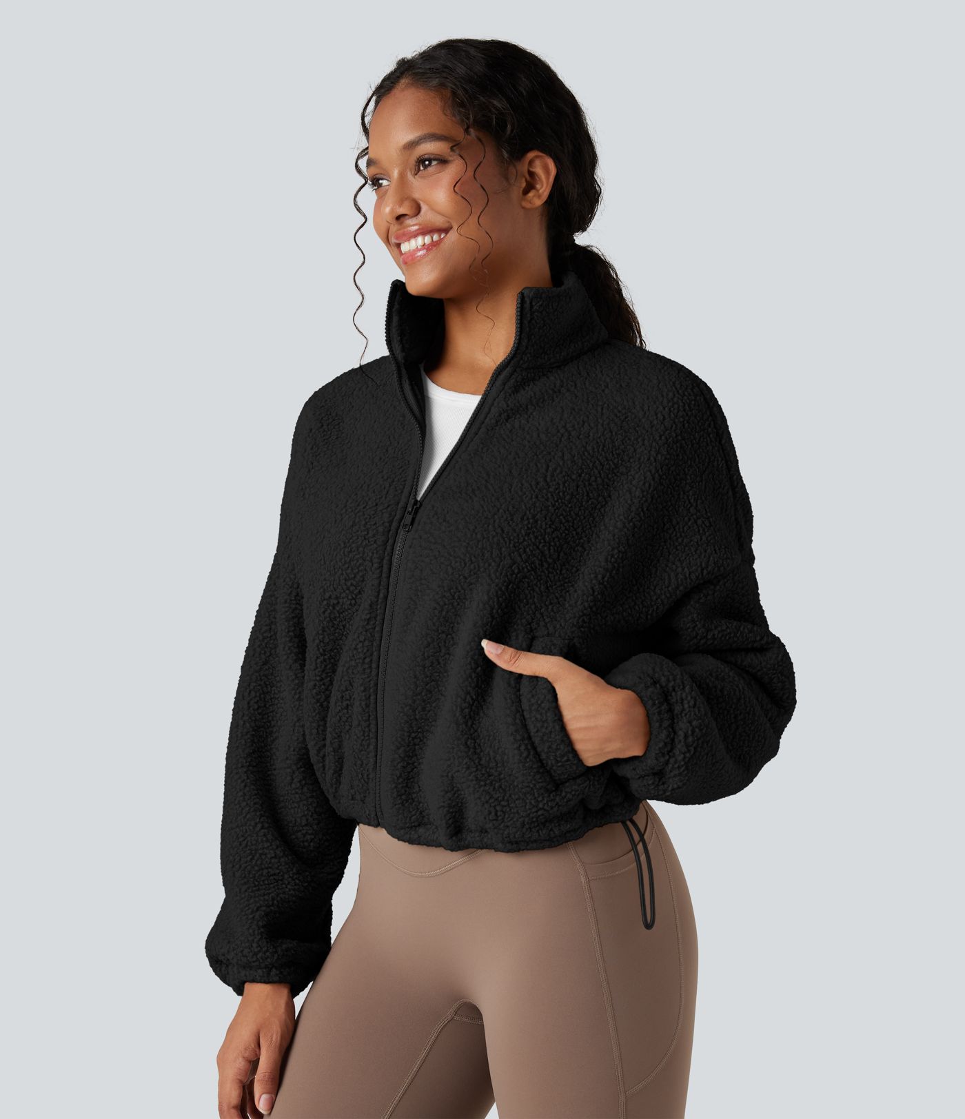 High Neck Long Sleeve Zipper Fleece Workout Jacket with Pockets