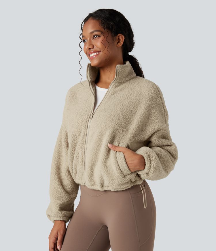 High Neck Long Sleeve Zipper Fleece Workout Jacket with Pockets