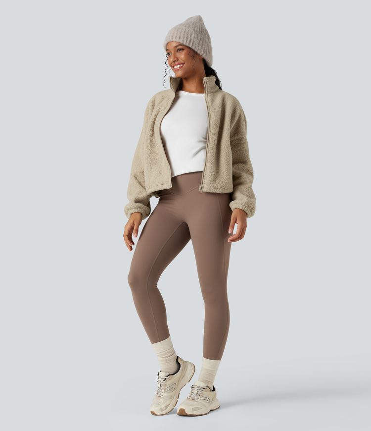 High Neck Long Sleeve Zipper Fleece Workout Jacket with Pockets