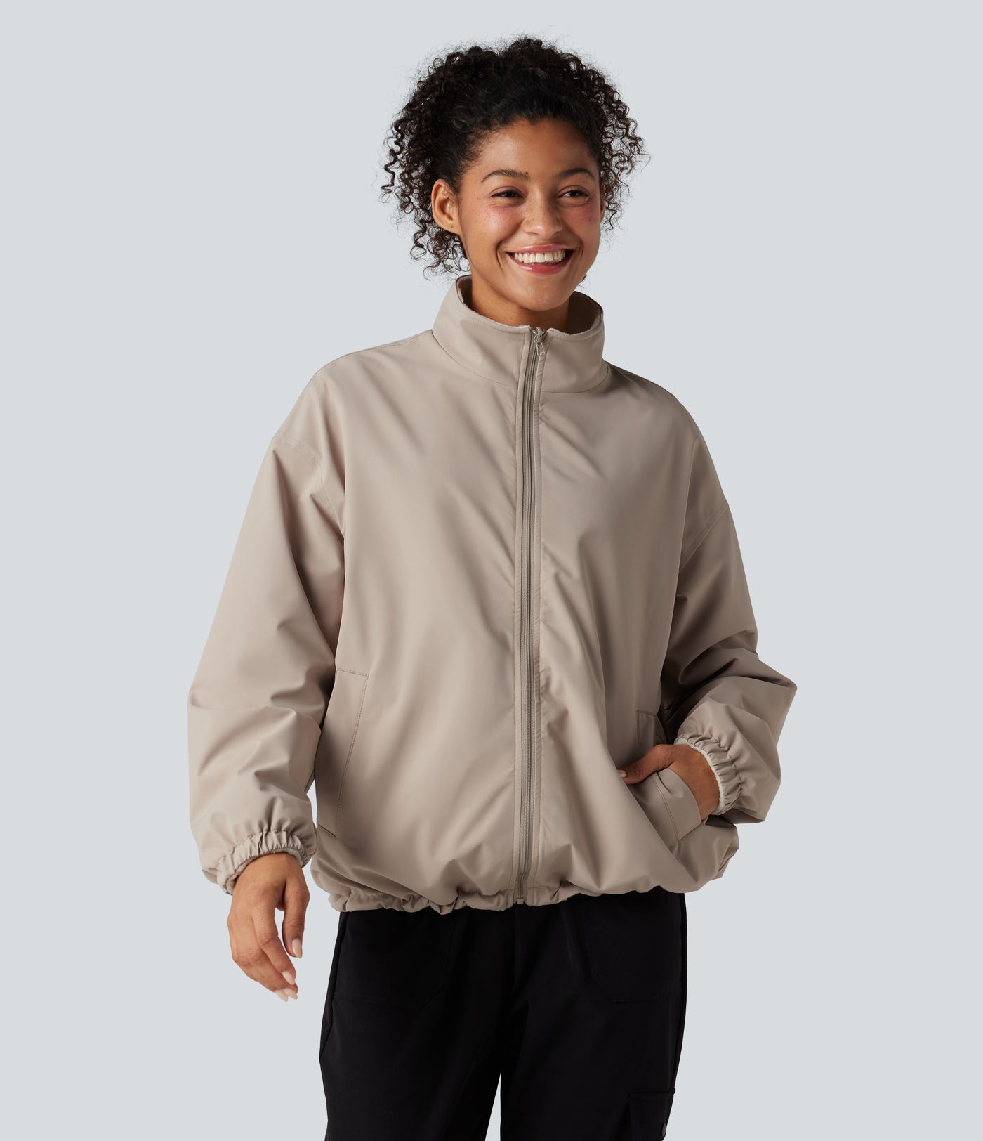 Veste polaire randonnée réversible col montant fermeture éclair manches longues avec poches (Deux looks en un)