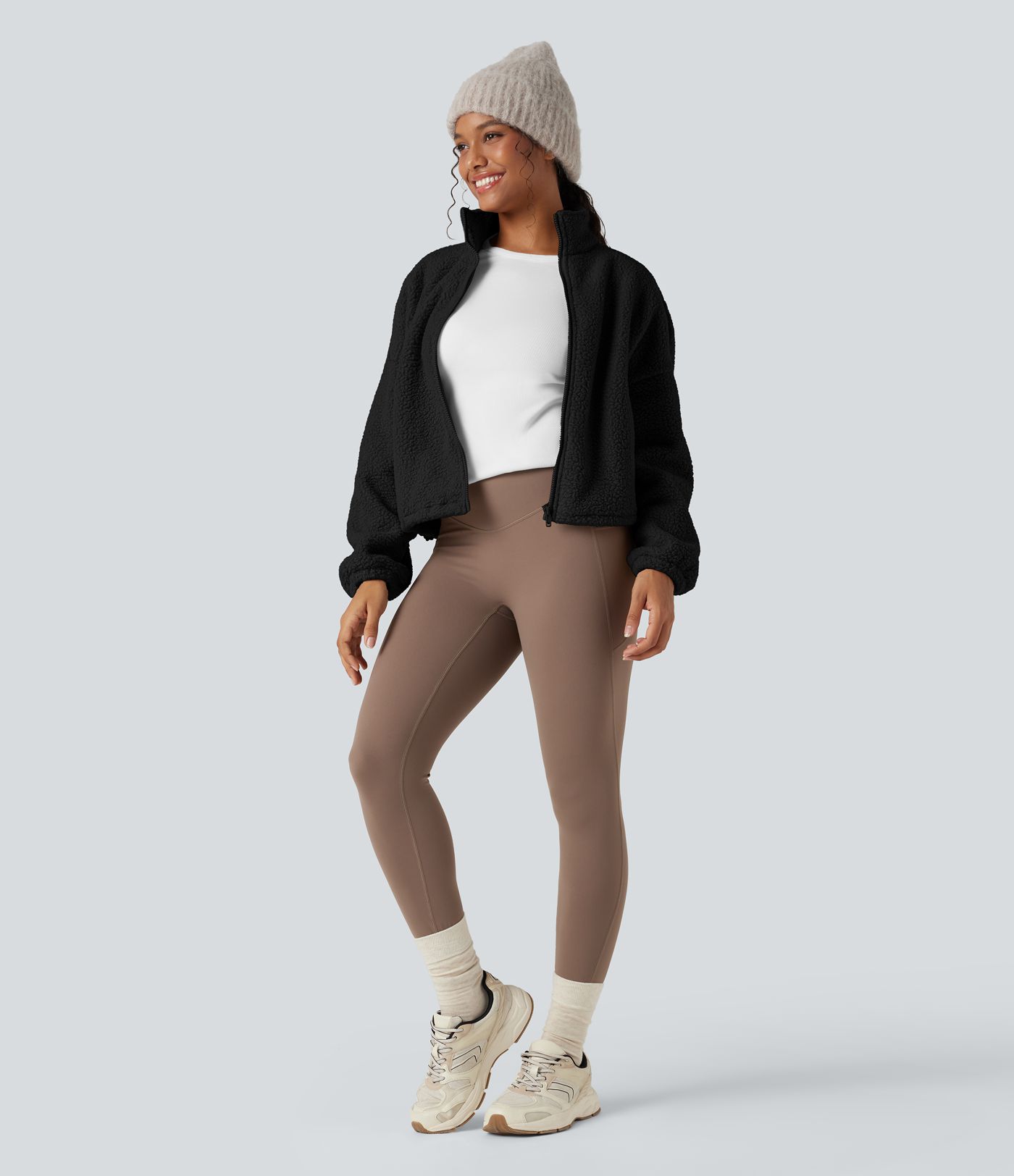 High Neck Long Sleeve Zipper Fleece Workout Jacket with Pockets