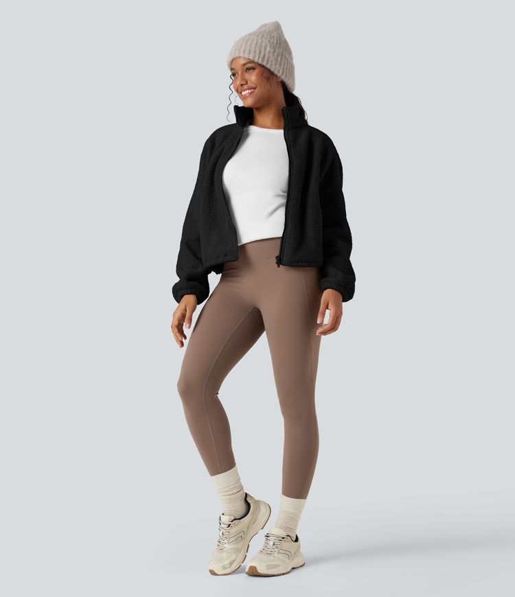 High Neck Long Sleeve Zipper Fleece Workout Jacket with Pockets