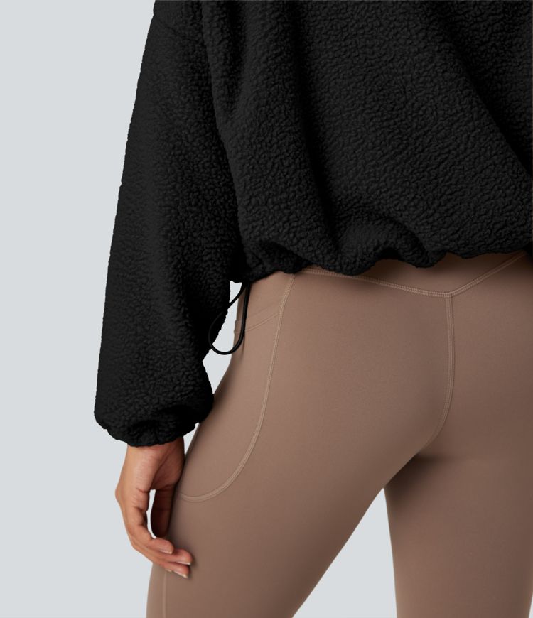 High Neck Long Sleeve Zipper Fleece Workout Jacket with Pockets