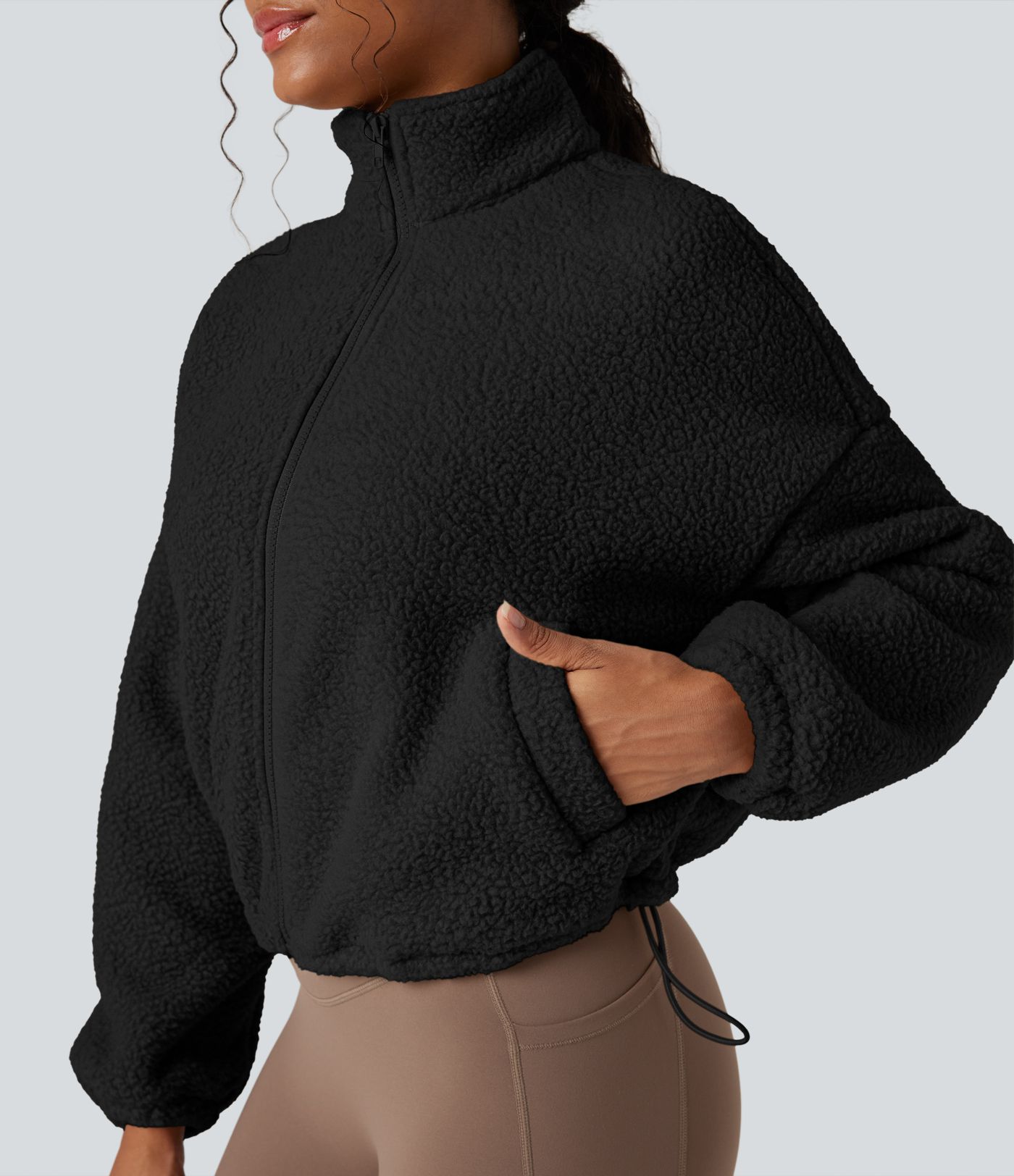 High Neck Long Sleeve Zipper Fleece Workout Jacket with Pockets