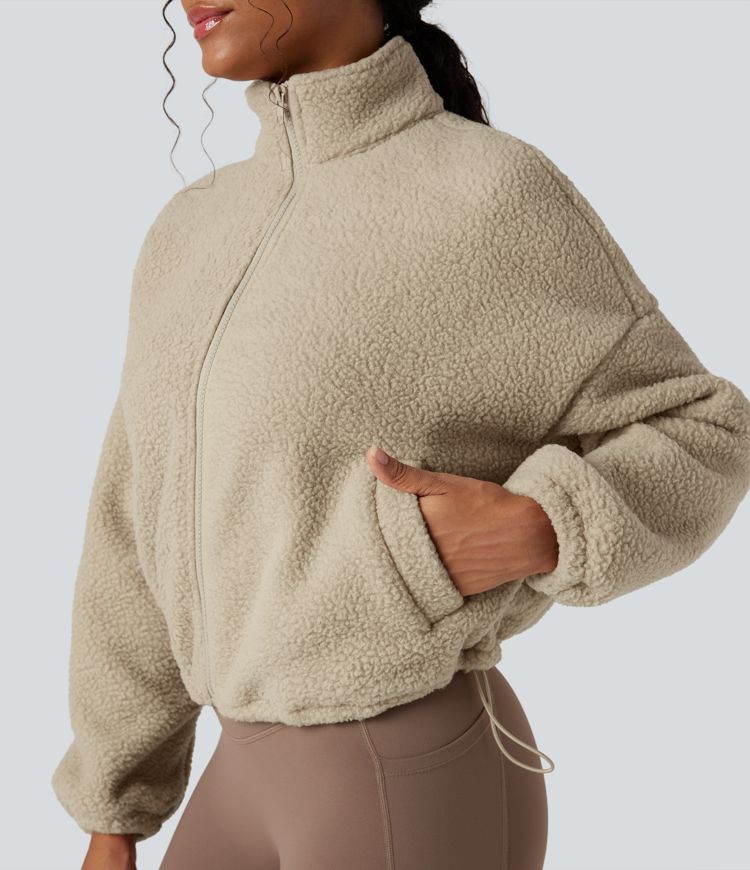 High Neck Long Sleeve Zipper Fleece Workout Jacket with Pockets