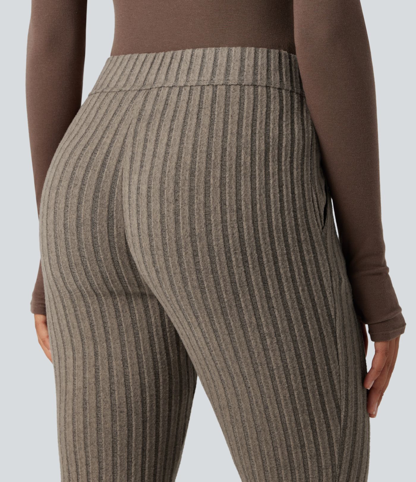 Ribbed Knit Mid Rise Button Split Hem Casual Flare Pants with Pockets