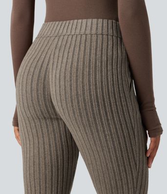 Ribbed Knit Mid Rise Button Split Hem Casual Flare Pants with Pockets