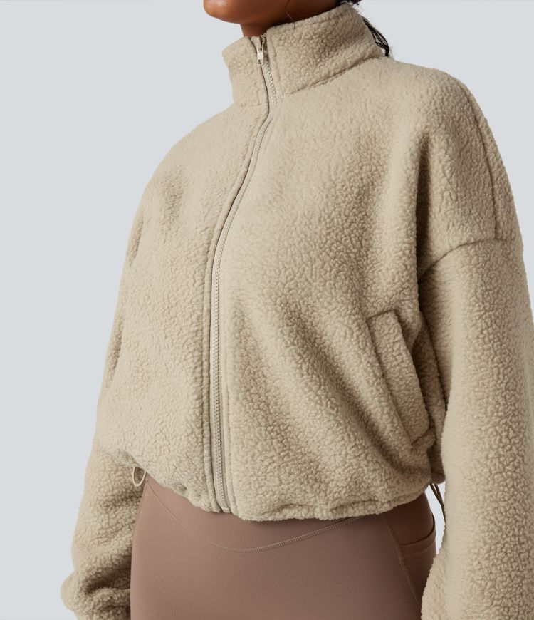 High Neck Long Sleeve Zipper Fleece Workout Jacket with Pockets