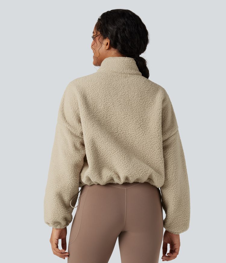 High Neck Long Sleeve Zipper Fleece Workout Jacket with Pockets