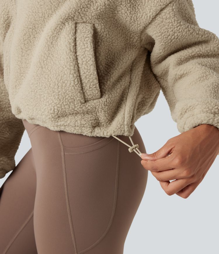 High Neck Long Sleeve Zipper Fleece Workout Jacket with Pockets