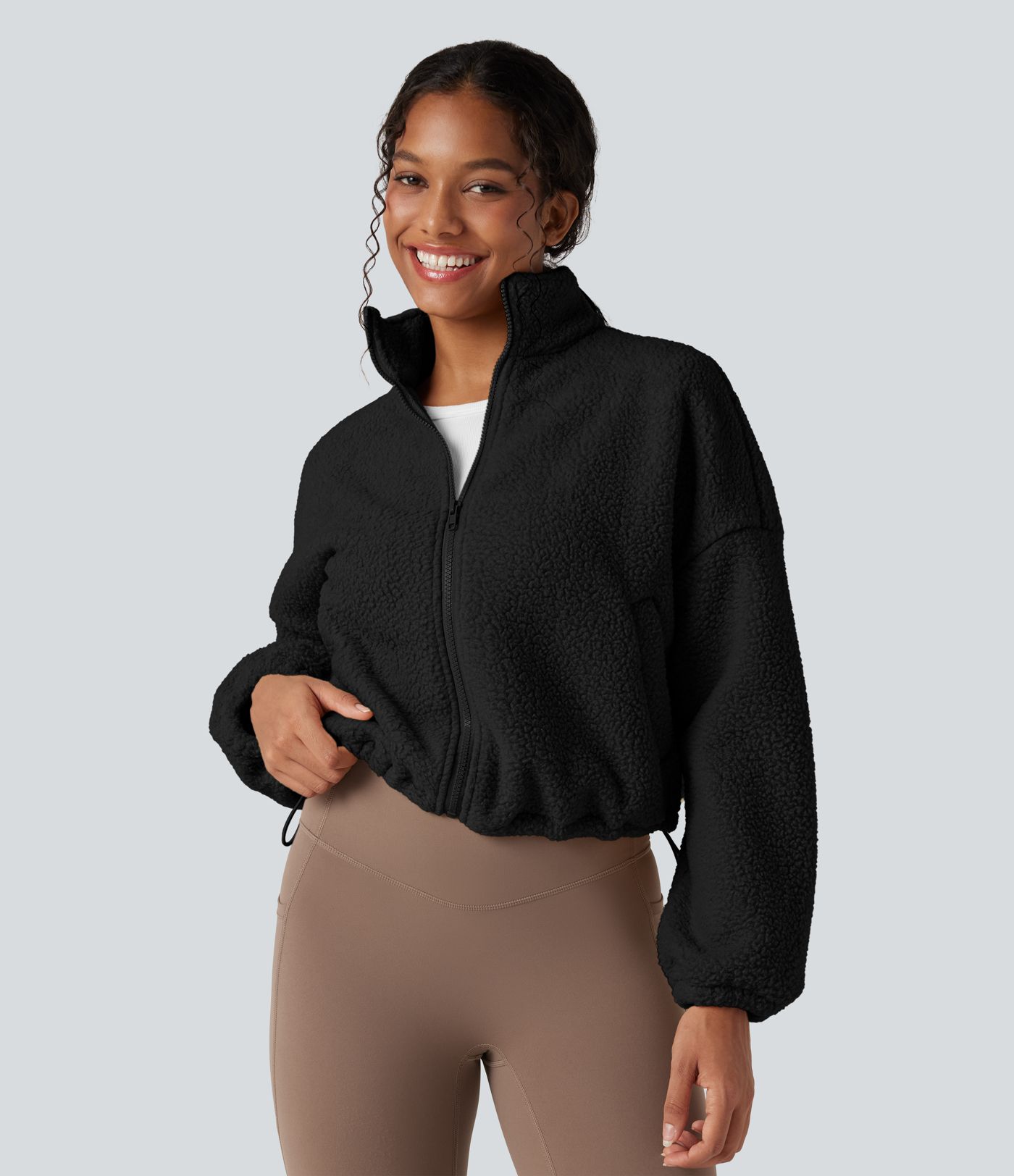 High Neck Long Sleeve Zipper Fleece Workout Jacket with Pockets