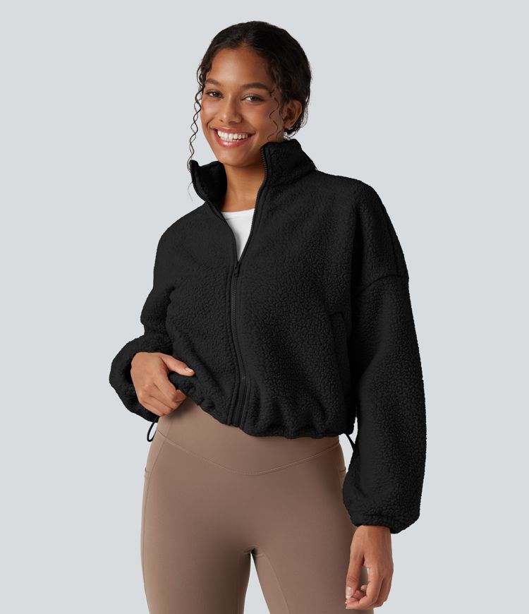 High Neck Long Sleeve Zipper Fleece Workout Jacket with Pockets