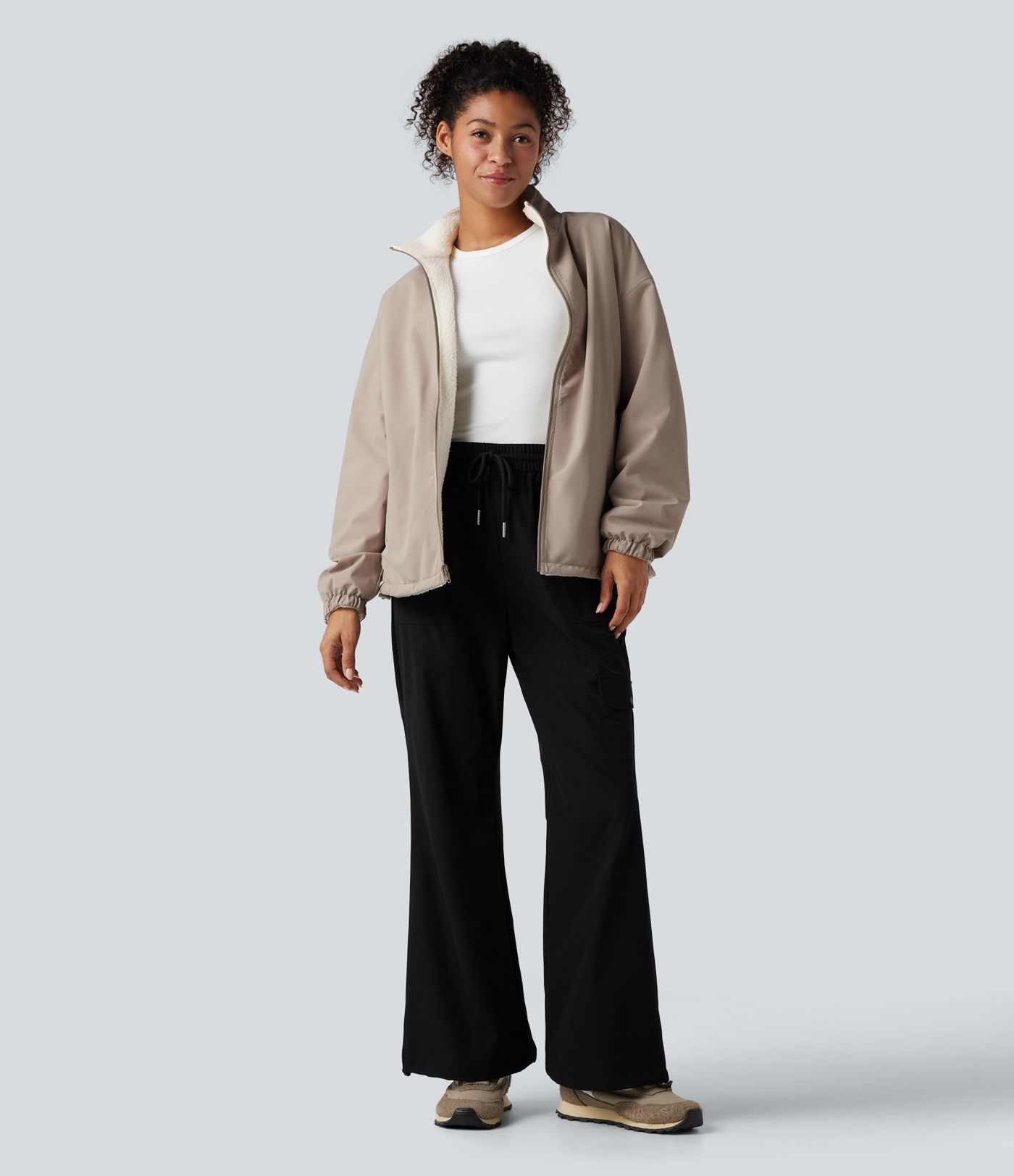 Veste polaire randonnée réversible col montant fermeture éclair manches longues avec poches (Deux looks en un)