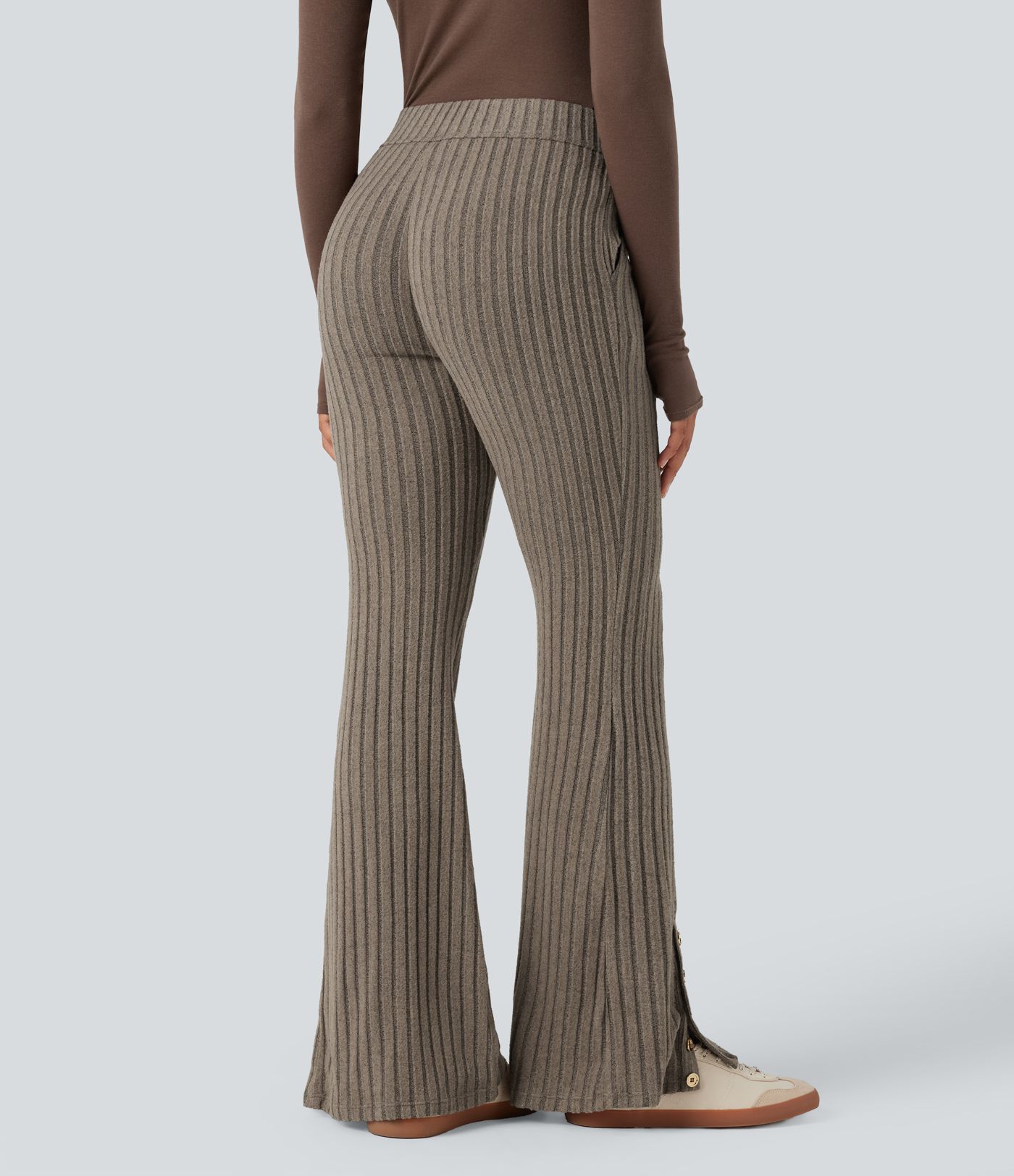 Ribbed Knit Mid Rise Button Split Hem Casual Flare Pants with Pockets