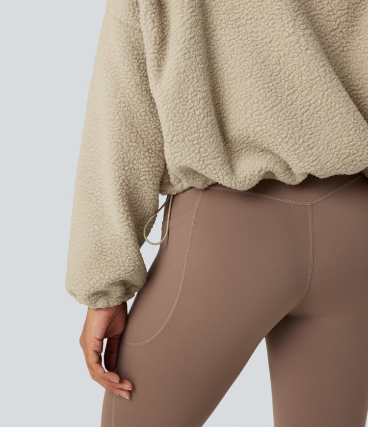 High Neck Long Sleeve Zipper Fleece Workout Jacket with Pockets