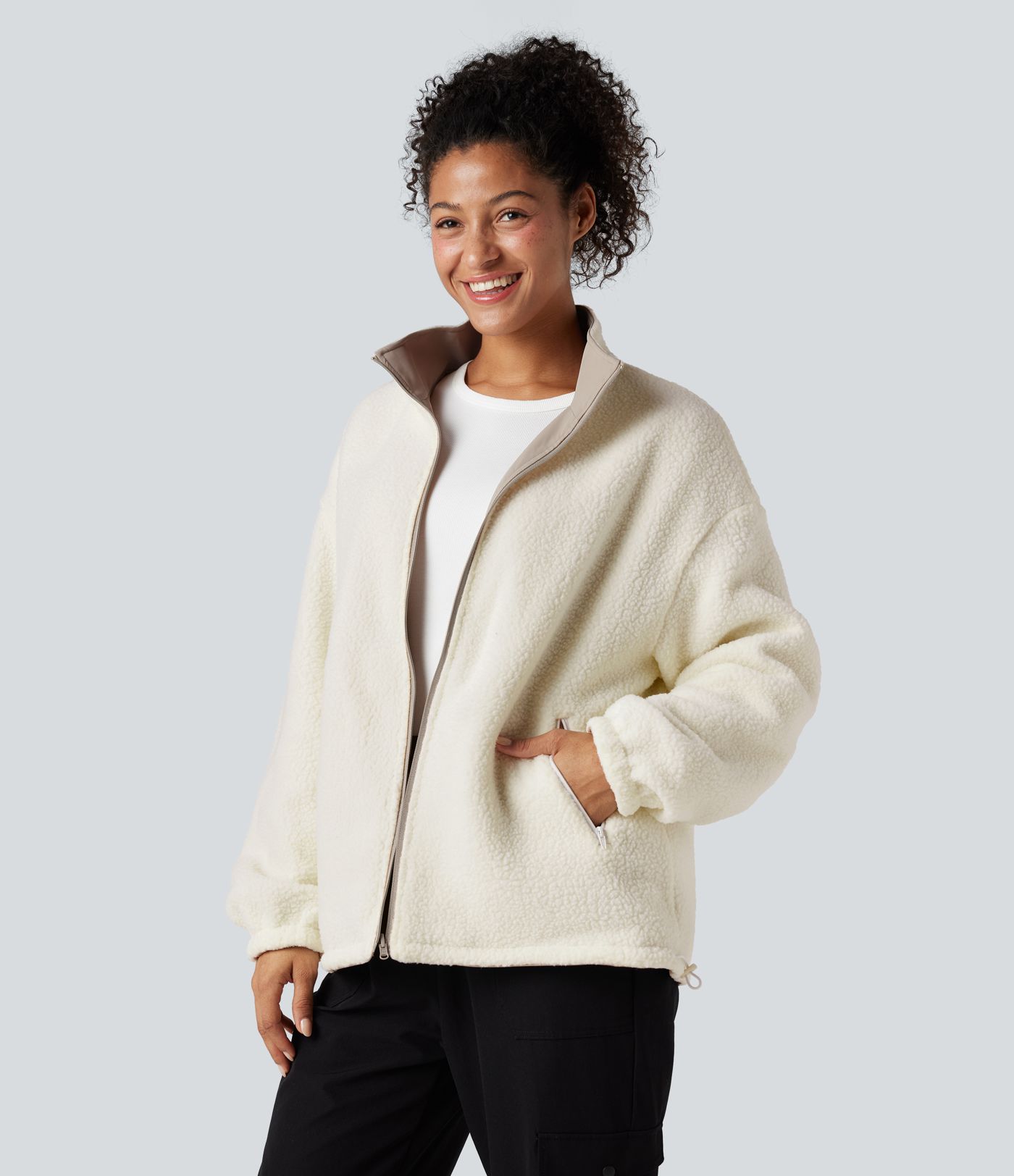 Veste polaire randonnée réversible col montant fermeture éclair manches longues avec poches (Deux looks en un)