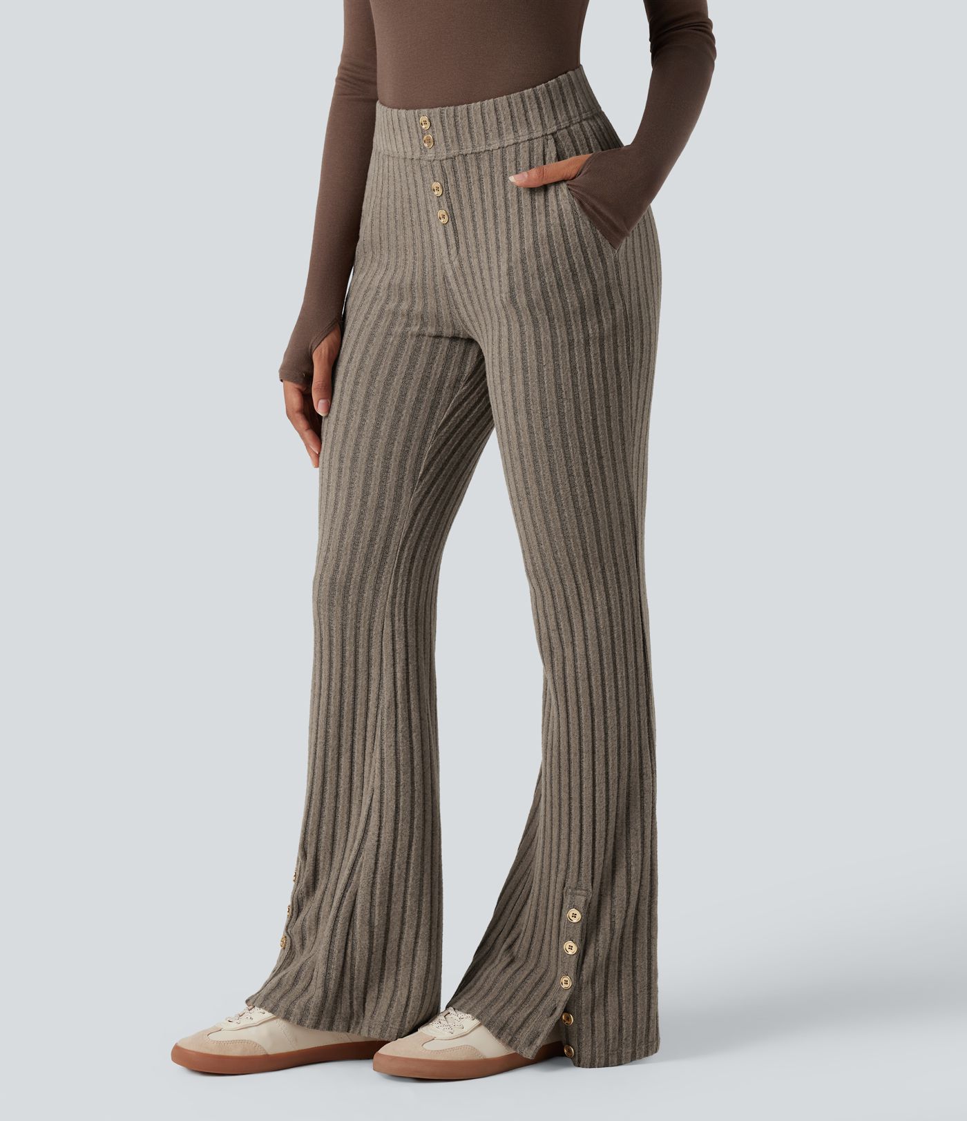 Ribbed Knit Mid Rise Button Split Hem Casual Flare Pants with Pockets