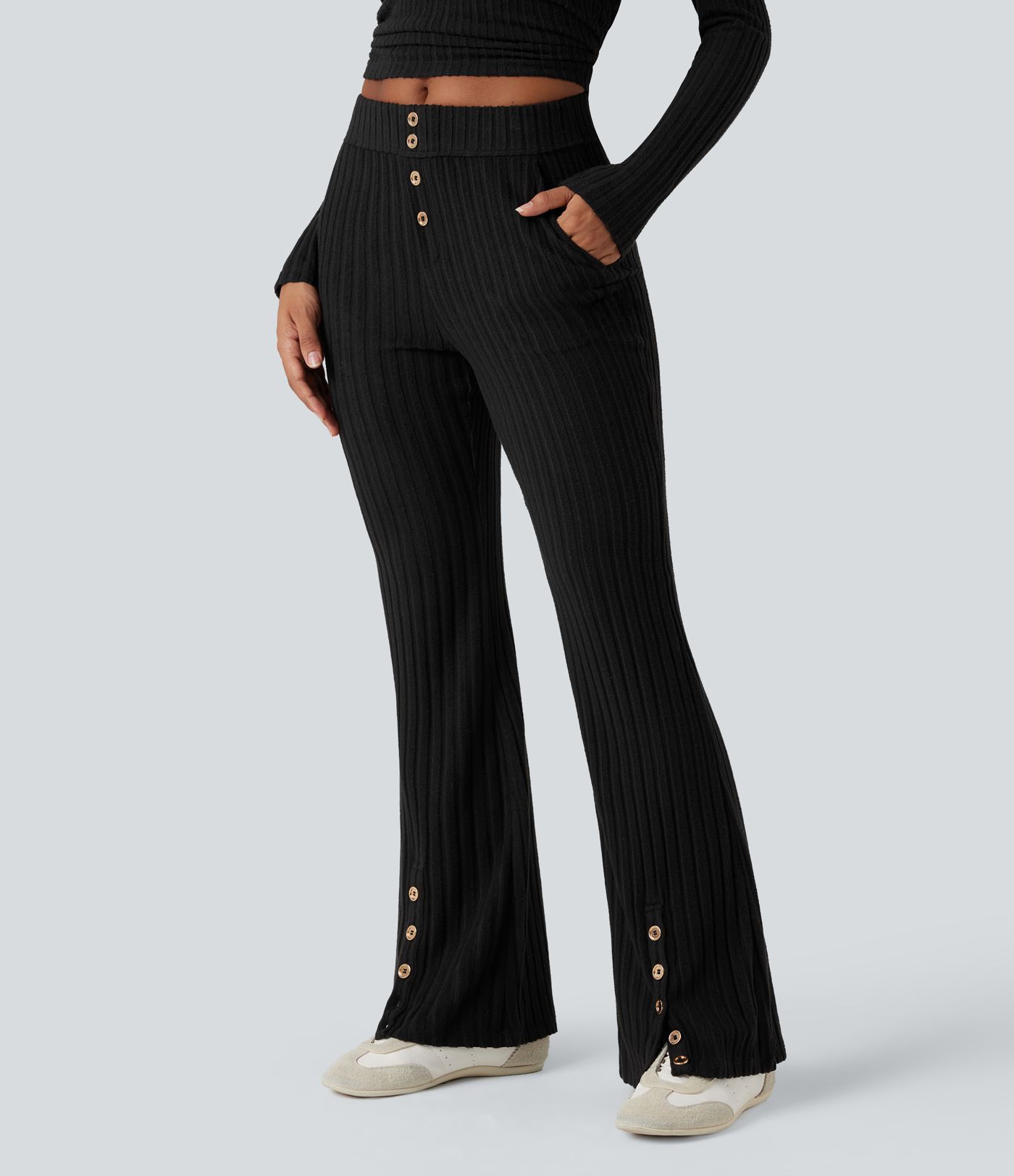 Ribbed Knit Mid Rise Button Split Hem Fleece Casual Flared Trousers with Pockets