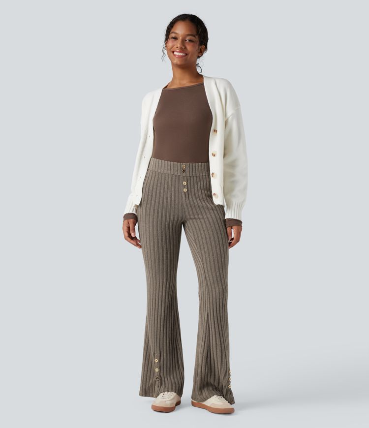 Ribbed Knit Mid Rise Button Split Hem Casual Flare Pants with Pockets