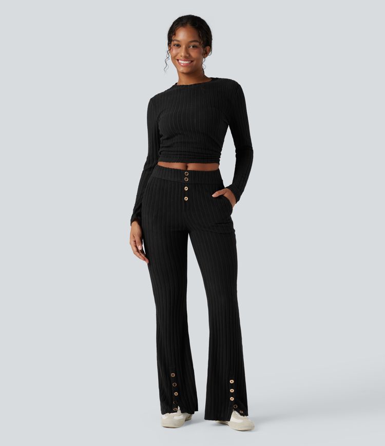 Ribbed Knit Mid Rise Button Split Hem Casual Flare Pants with Pockets