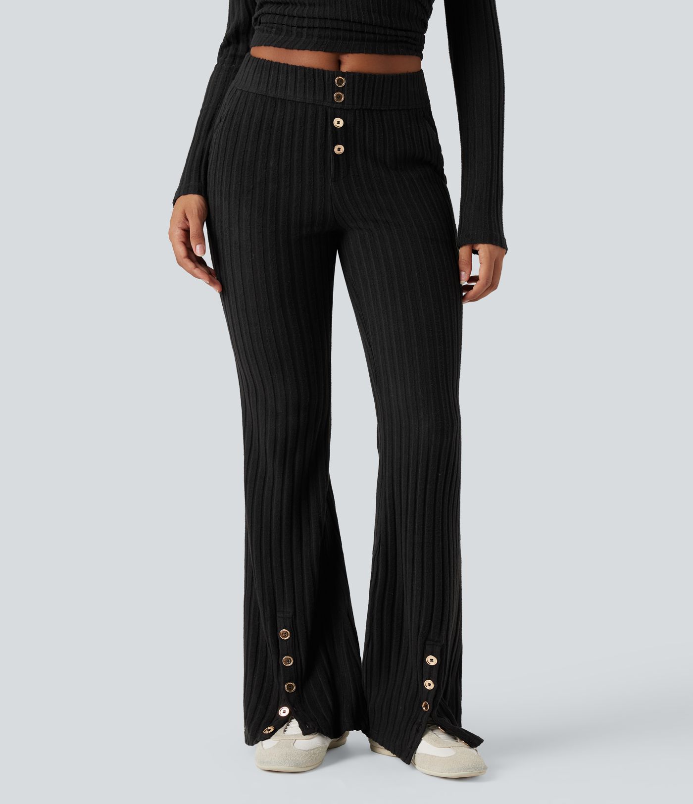 Ribbed Knit Mid Rise Button Split Hem Fleece Casual Flared Trousers with Pockets