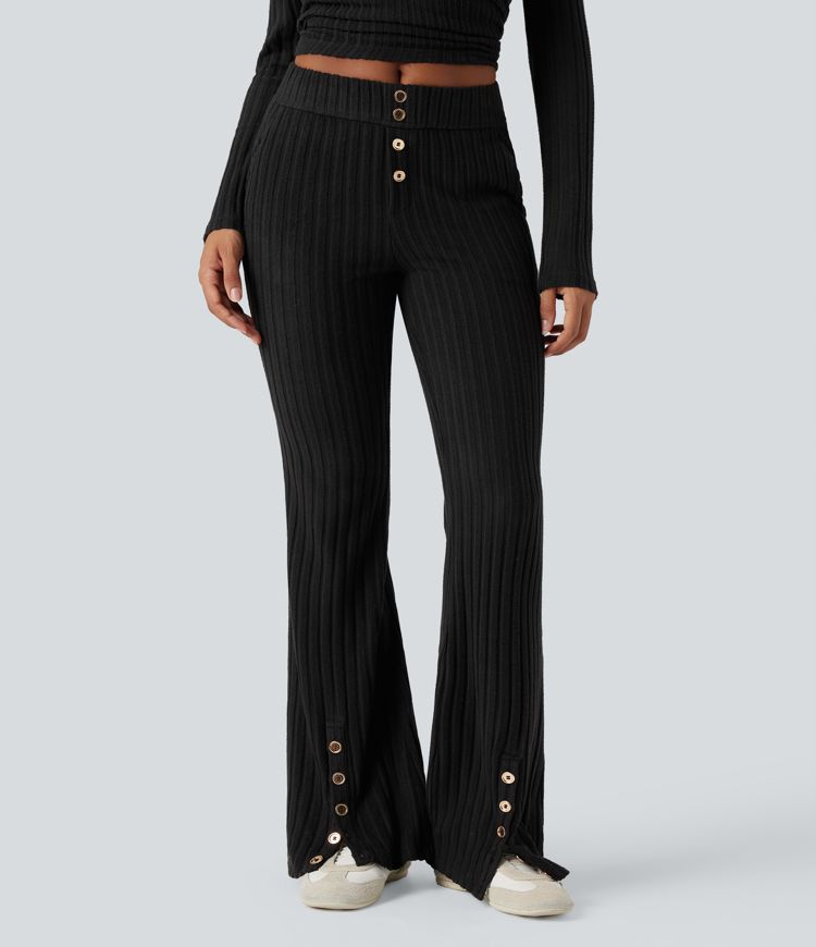 Ribbed Knit Mid Rise Button Split Hem Casual Flare Pants with Pockets