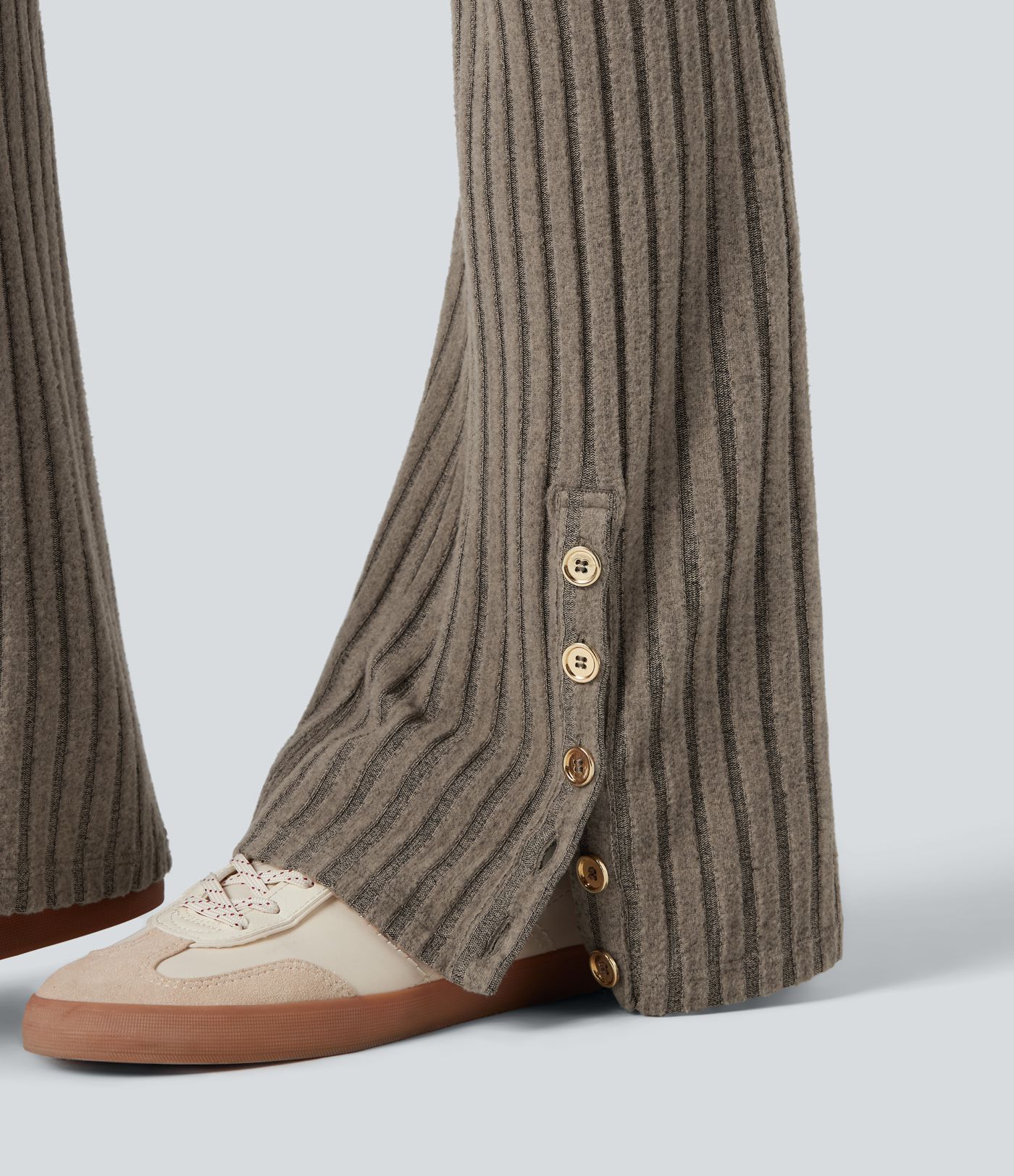 Ribbed Knit Mid Rise Button Split Hem Casual Flare Pants with Pockets