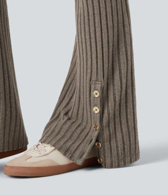 Ribbed Knit Mid Rise Button Split Hem Casual Flare Pants with Pockets