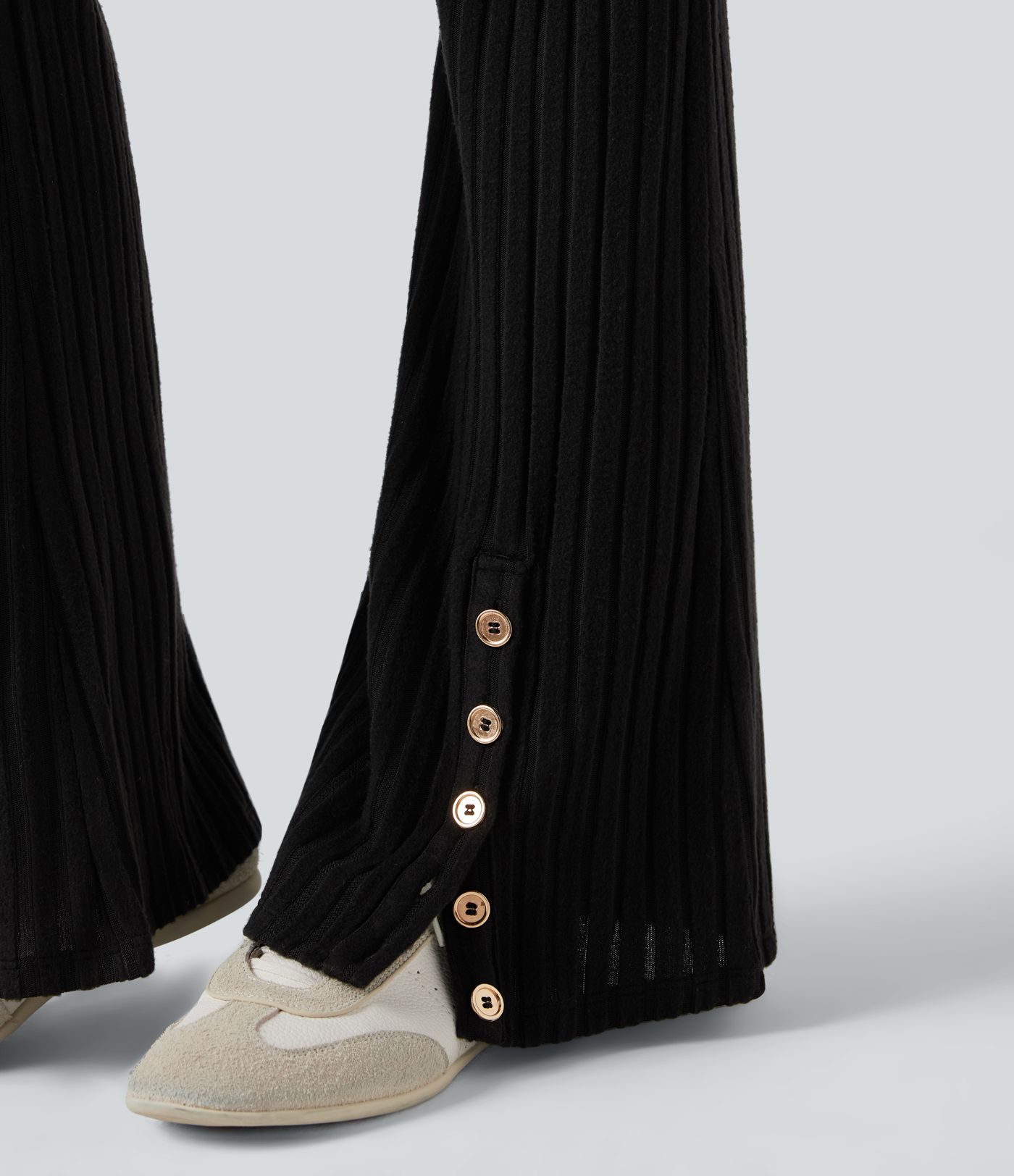 Ribbed Knit Mid Rise Button Split Hem Fleece Casual Flared Trousers with Pockets