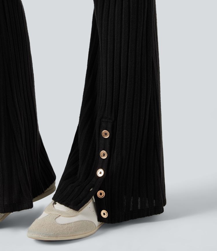 Ribbed Knit Mid Rise Button Split Hem Casual Flare Pants with Pockets