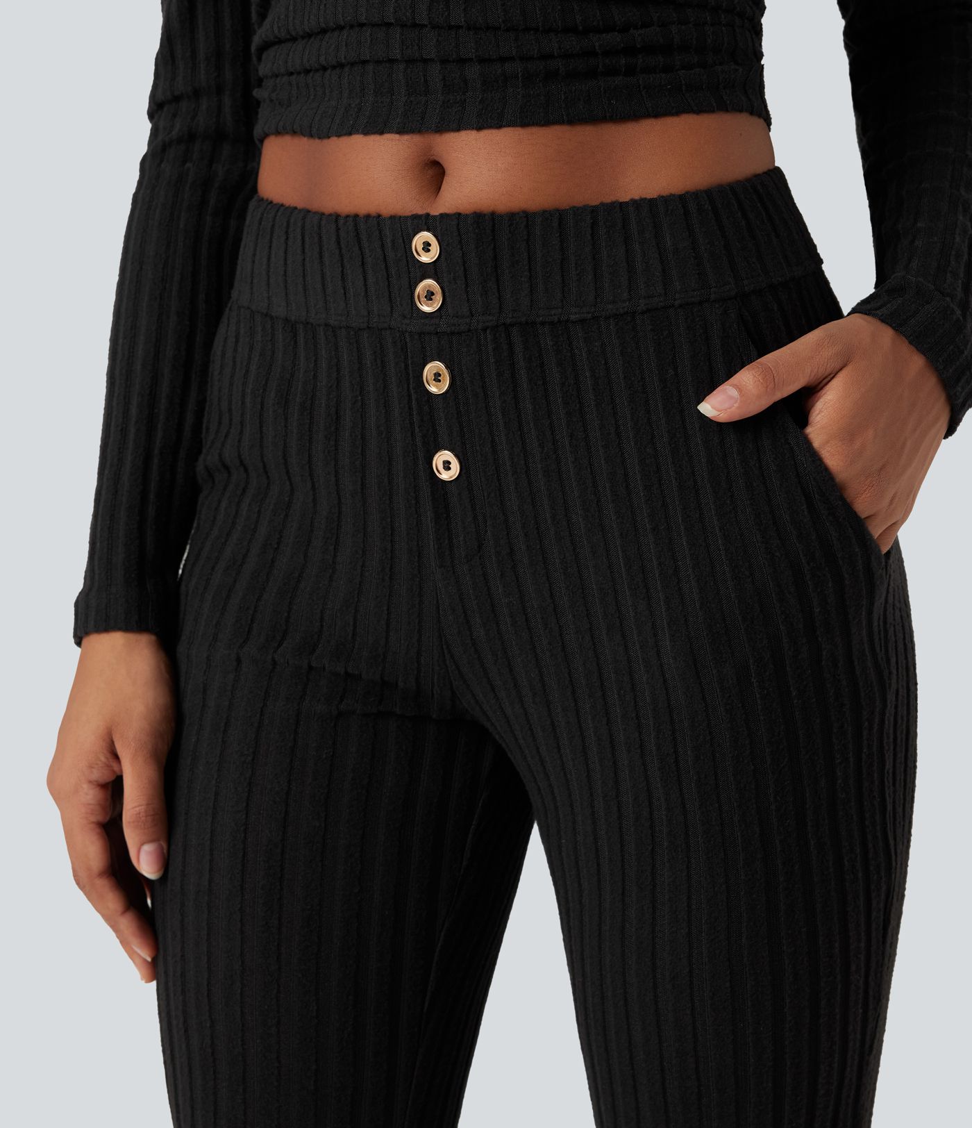 Ribbed Knit Mid Rise Button Split Hem Fleece Casual Flared Trousers with Pockets