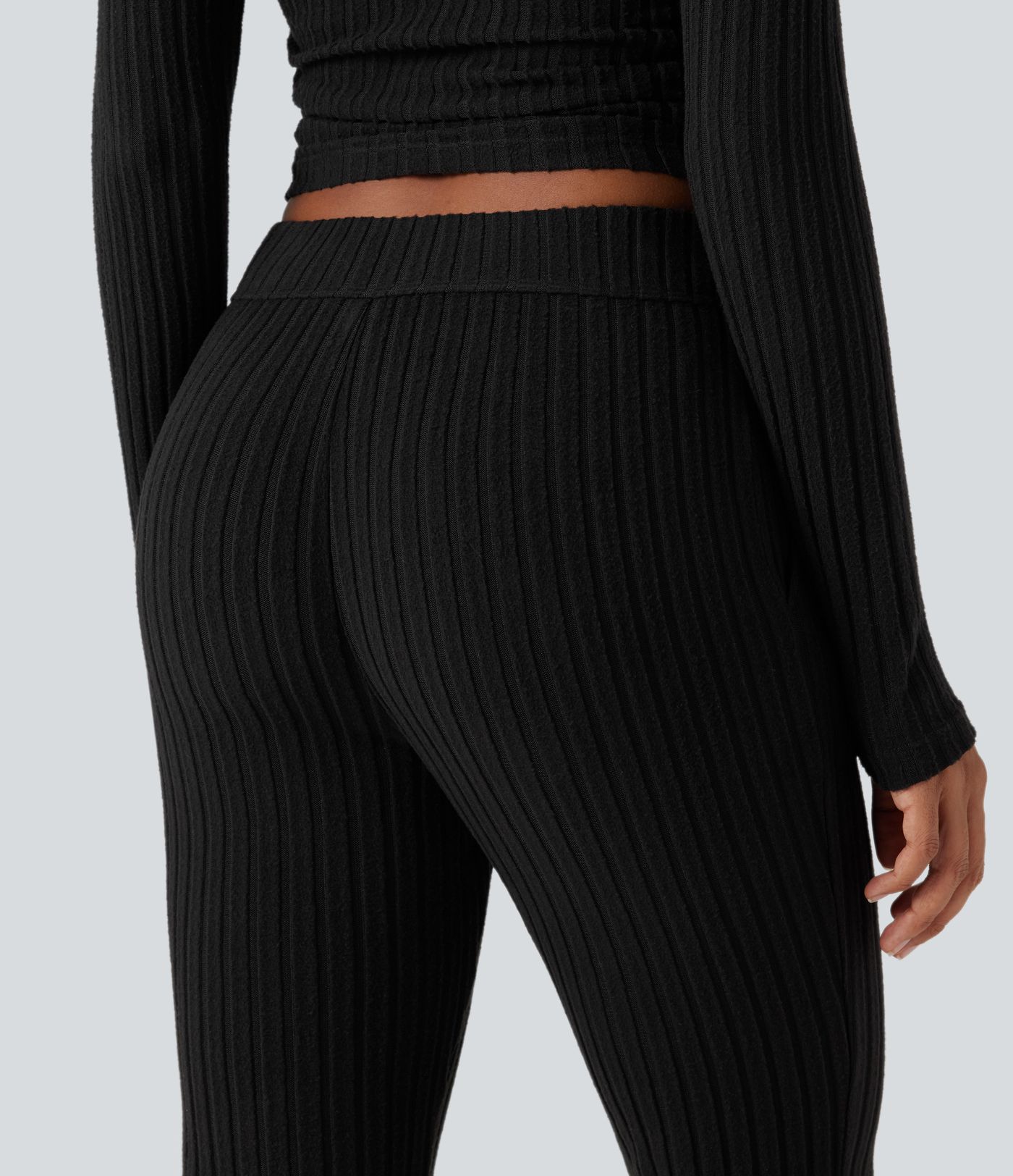 Ribbed Knit Mid Rise Button Split Hem Fleece Casual Flared Trousers with Pockets